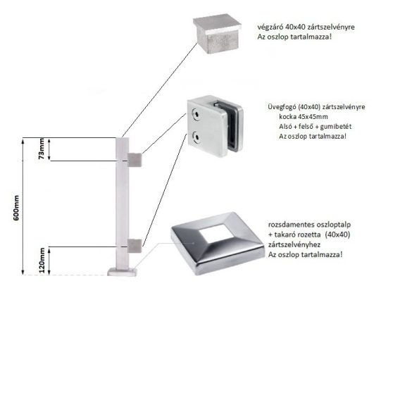 Inox Üvegkorlát Mini oszlopos / talpra szerelt, sarok oszlop