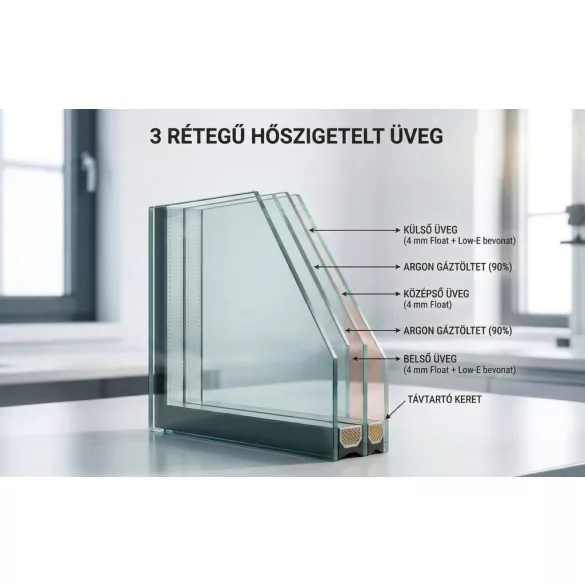 Hőszigetelt üveg 3 rétegű Argon 900 x 2100 mm